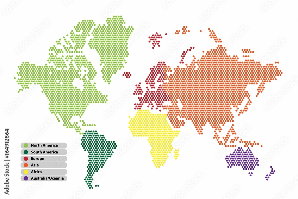 Poster hexagon shape world map continent in a different color, vector illustration.