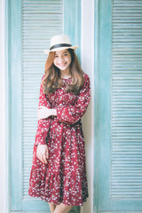 beautiful young asian girl have a happy time alone , vintage tone,  free happy woman enjoying nature, beauty girl outdoor, freedom concept,