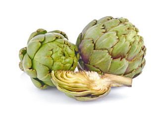 Whole and Slice artichoke isolated on the white background.