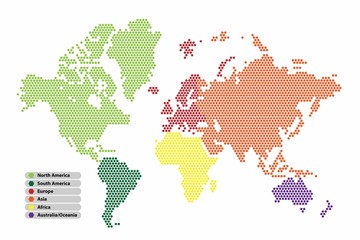 Hexagon shape world map continent in a different color, vector illustration.
