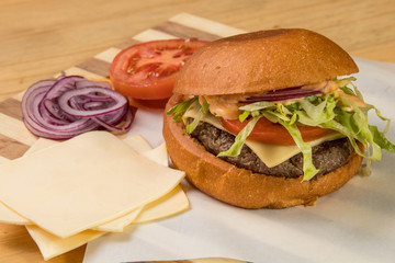 hamburguer artisan in table wood background