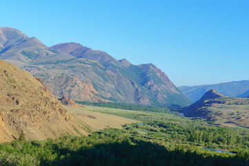 Fototapeta na wymiar Birdeye panoramic view over mountain valley in Altai mountains