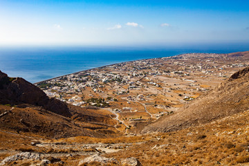 Aerial view town Perissa to Kamari in Santorini Greece