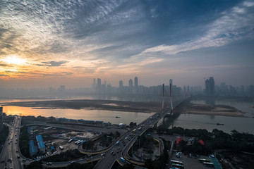 panoramic view of cityscape,midtown skyline at sunrise/sunset,shot in China.