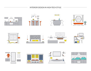 Interior design in high tech style. Home design vector illustration set. Modern minimalist house designs.