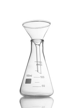 Glass laboratory equipment with conical Erlenmeyer flasks and beaker.