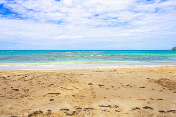 Fototapeta na wymiar Empty sandy beach with azure sea