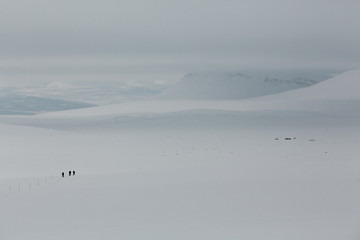 Backcountry hike through frozen lonely country in winter