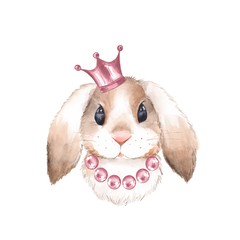 Fototapeta na wymiar Rabbit and crown. Watercolor illustration. Isolated on white background