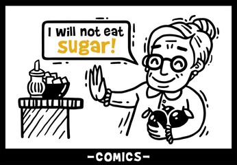 Comics Old lady with apples says I will not eat sugar