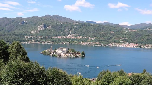 View from Sacro Monte to Isola San Giulio and Pella at Lake Orta, Piedmont Italy 