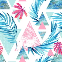Wallpaper murals Triangle Abstract watercolor triangle and exotic leaves seamless pattern.