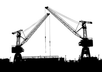 Cargo cranes in the seaport on white background