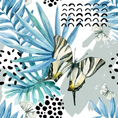 Zelfklevend Fotobehang Watercolor graphical illustration: exotic butterfly, tropical leaves, doodle elements on grunge background © Tanya Syrytsyna