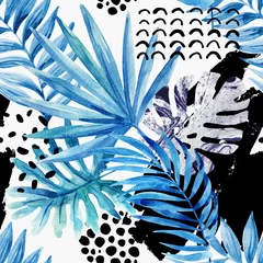 Abwaschbare Fototapete Grafikdrucke Grafische Illustration des Aquarells: tropische Blätter, Gekritzelelemente auf Schmutzhintergrund.