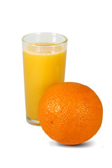 Isolated drink. Glass of orange juice and orange fruit isolated on white background.