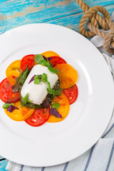 Colourful slices of cheese and tomato