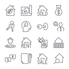 Real estate realtor deals icon set. For sale and rent signs. Eco house, keychain, contract and more. Thin black line art. Linear style illustrations isolated on white.