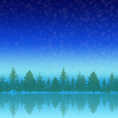 森と湖面に映るモミの木、クリスマスのイメージ背景