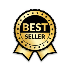 Ribbon award best seller. Gold ribbon award icon isolated white background. Bestseller golden tag sale label, badge, medal, guarantee quality product, business certificate Vector illustration