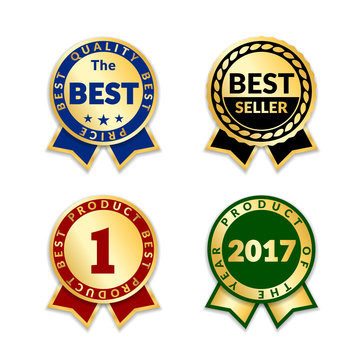 Ribbons award best price label set. Gold ribbon award icon isolated white background. Best quality golden label for badge, medal, best choice, price, certificate guarantee product Vector illustration