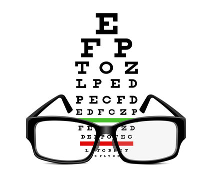 eye glasses and eye chart on white background