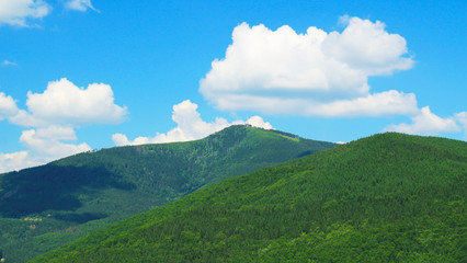 Obraz na płótnie Canvas landscape of Beskydy mountains with green forests on sunny summer day