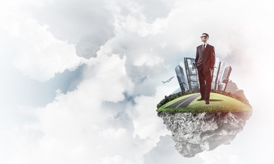 Confident boss and modern city as concept of eco green construct