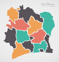 Ivory Coast Map with states and modern round shapes