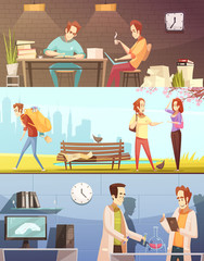 Students Retro Cartoon Banners Set