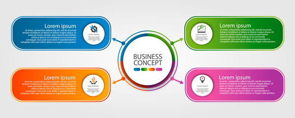 Modern template for infographic circles. Template for graphics, presentation, business, web design, reports. Colorful chart with 4 steps, parts by stages. Four circles with space for text and icons