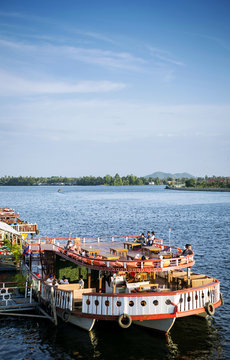 view of river boat restaurants in kampot town cambodia