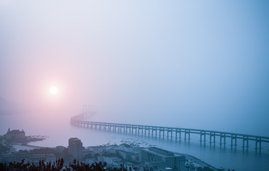 bay bridge in the morning fog