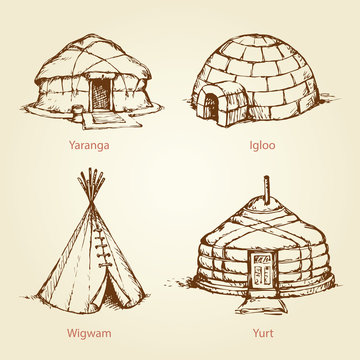 Ethnic homes of different nations. Vector drawing