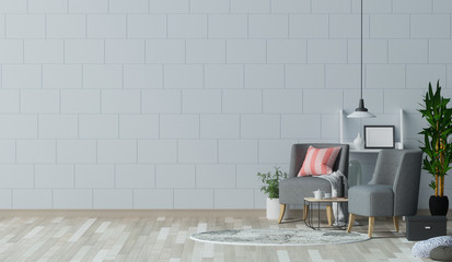 The empty living room with gray armchair in front of white wall  interior design 3D illustration Scandinavian interior design and coffee table in office waiting area.