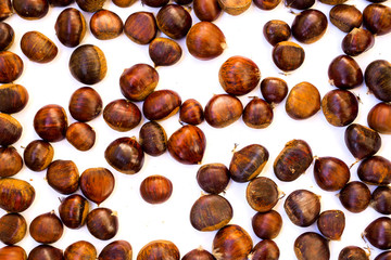 Group of edible chestnuts. Dark background.