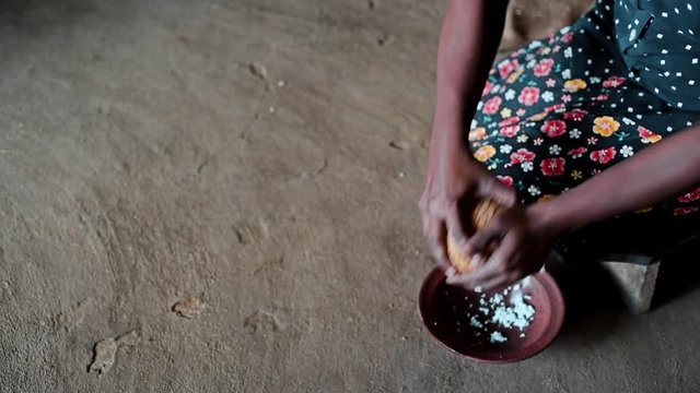 Asian woman extracts coconut copra shavings