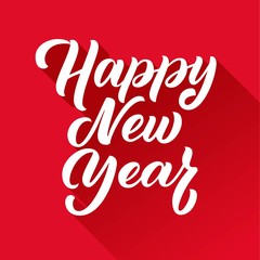 Happy New Year hand lettering with long shadow on red background. Vector illustration. Can be used for holidays festive design.