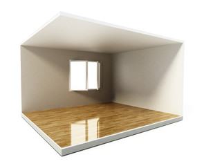 Empty room with white walls and hardwood floor. 3D illustration