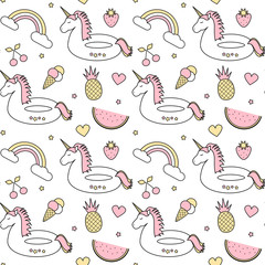 cute colorful seamless vector pattern background illustration with float unicorn, rainbow, ice cream, pineapple, cherry, strawberry, heart and star