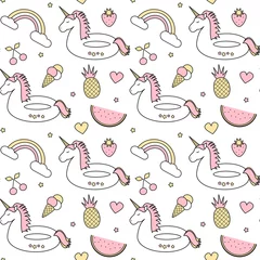 Wallpaper murals Unicorn cute colorful seamless vector pattern background illustration with float unicorn, rainbow, ice cream, pineapple, cherry, strawberry, heart and star