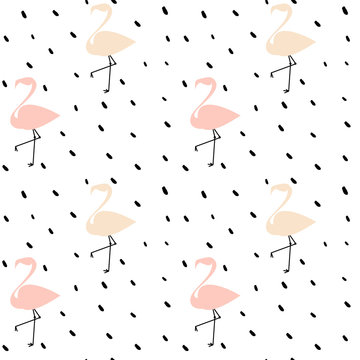 cute pink flamingos seamless vector pattern background illustration with black dots