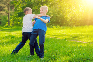 Fototapeta premium Dwóch blond chłopców walczy w parku w słoneczny dzień
