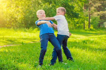 Naklejka na ściany i meble Two blond smiling boys are fighting in the park on a sunny day