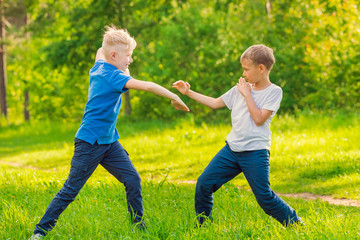 Naklejka na ściany i meble Two blond boys practicing martial arts in a green summer park. Toned