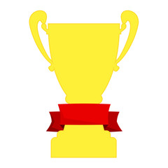 Champion cup in gold with red ribbon and incription winner. Championship prizes for first place. Victory symbols isolated on white background.
