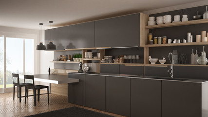 Minimalist modern kitchen with wooden details, table and chairs, gray interior design