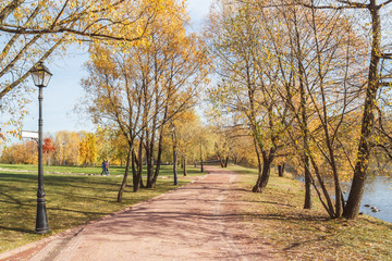 Fototapeta na wymiar A path along the pond in the park Tsaritsyno in Moscow
