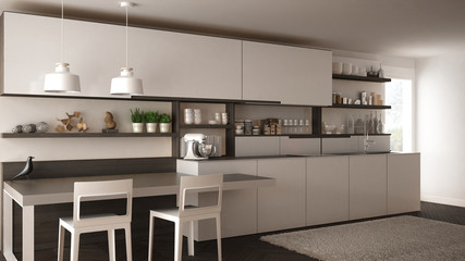 Minimalist modern kitchen with wooden details, table and chairs, white interior design