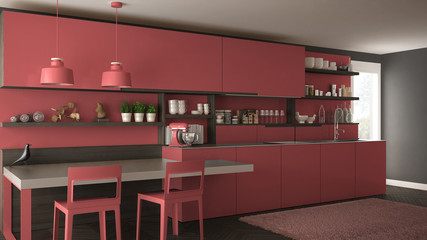 Minimalist modern kitchen with wooden details, table and chairs, red interior design